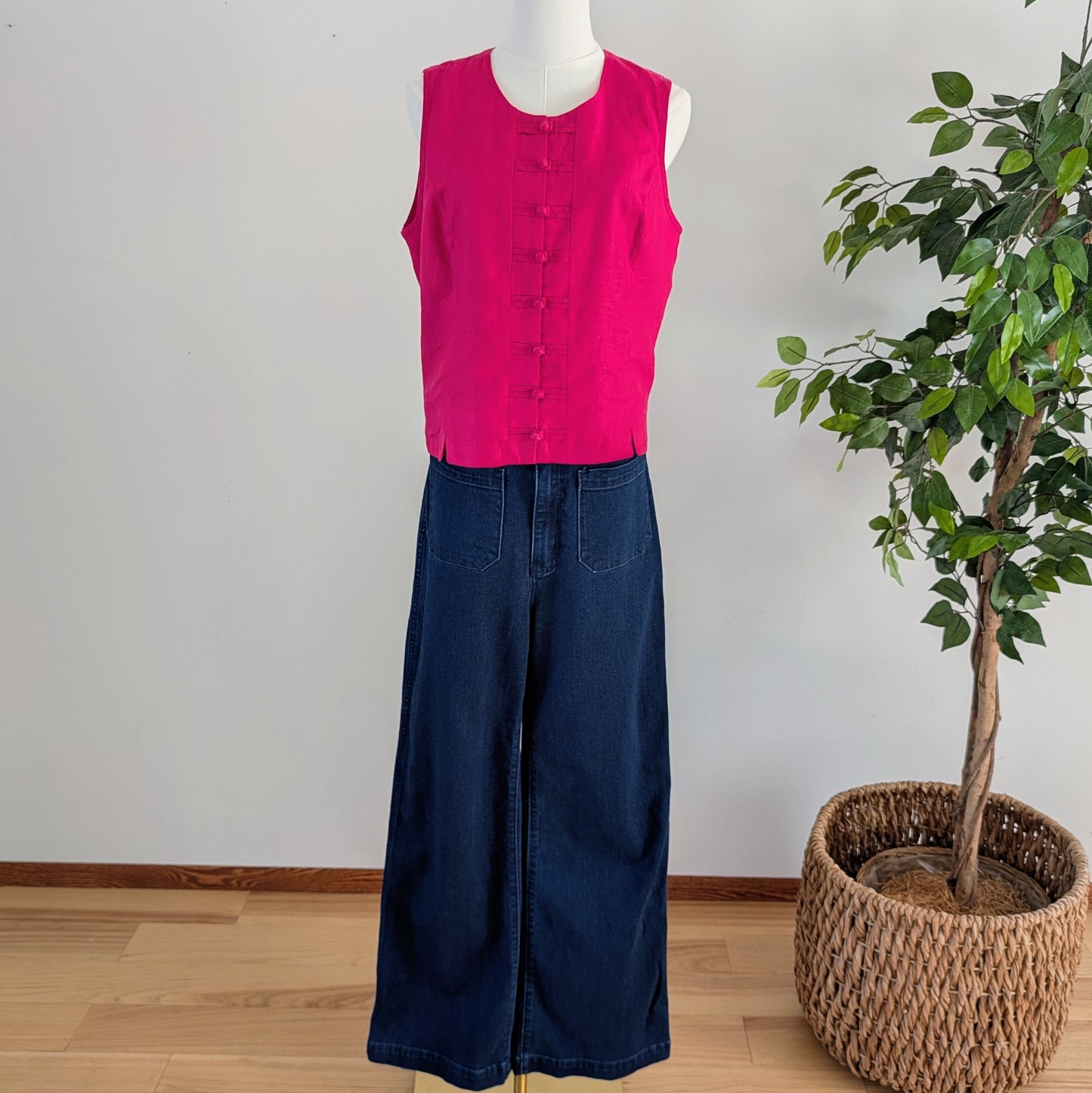 Pure Linen Mandarin Button Top Shirt - S