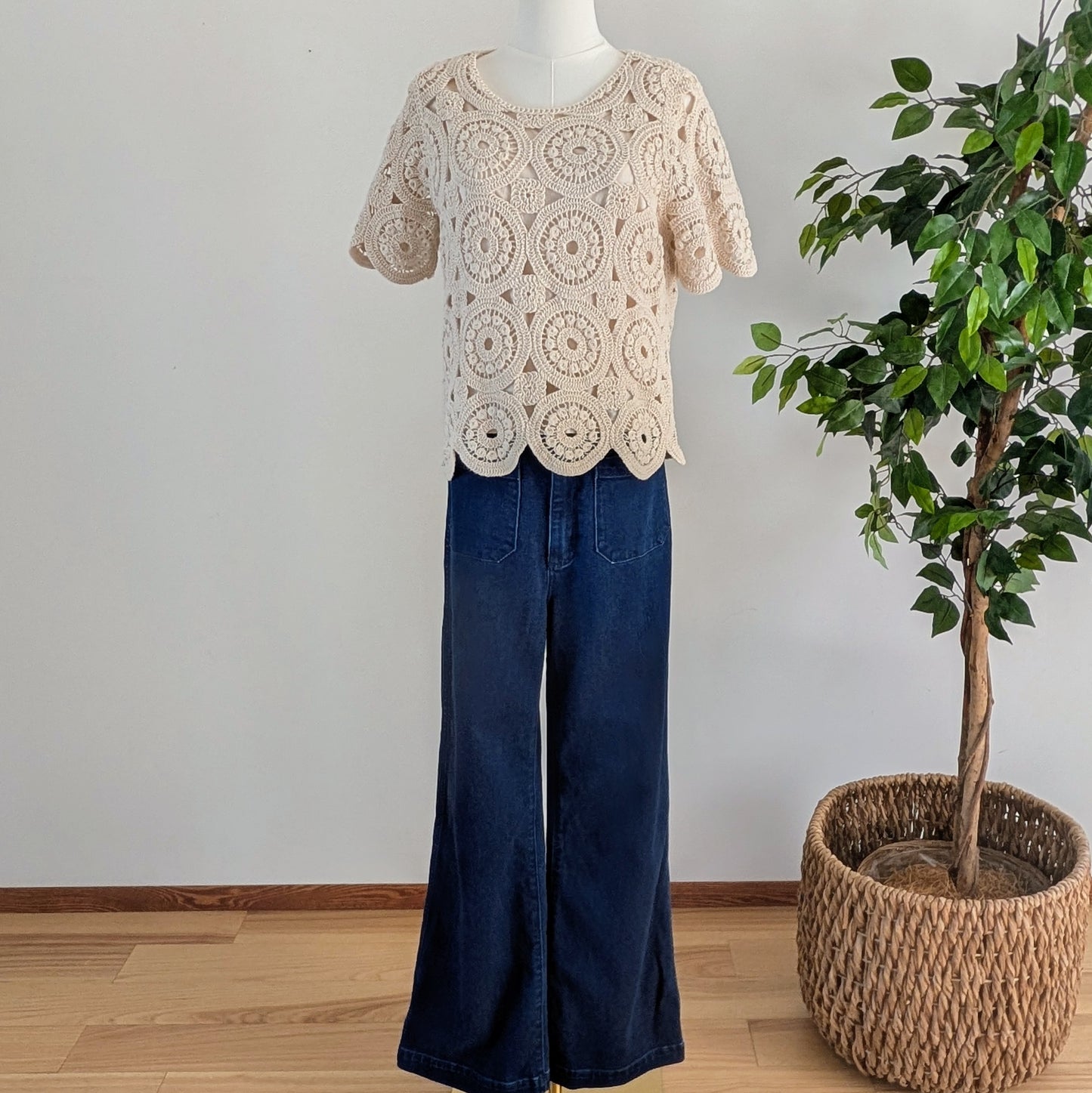 Crochet Knit Cotton Top Shirt- M