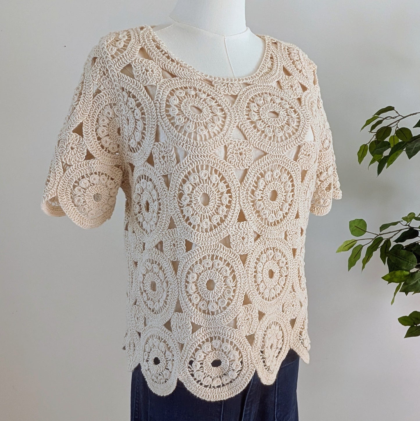 Crochet Knit Cotton Top Shirt- M
