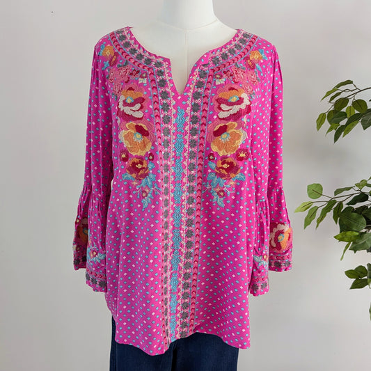 Floral Embroidered Boho Top Shirt- M
