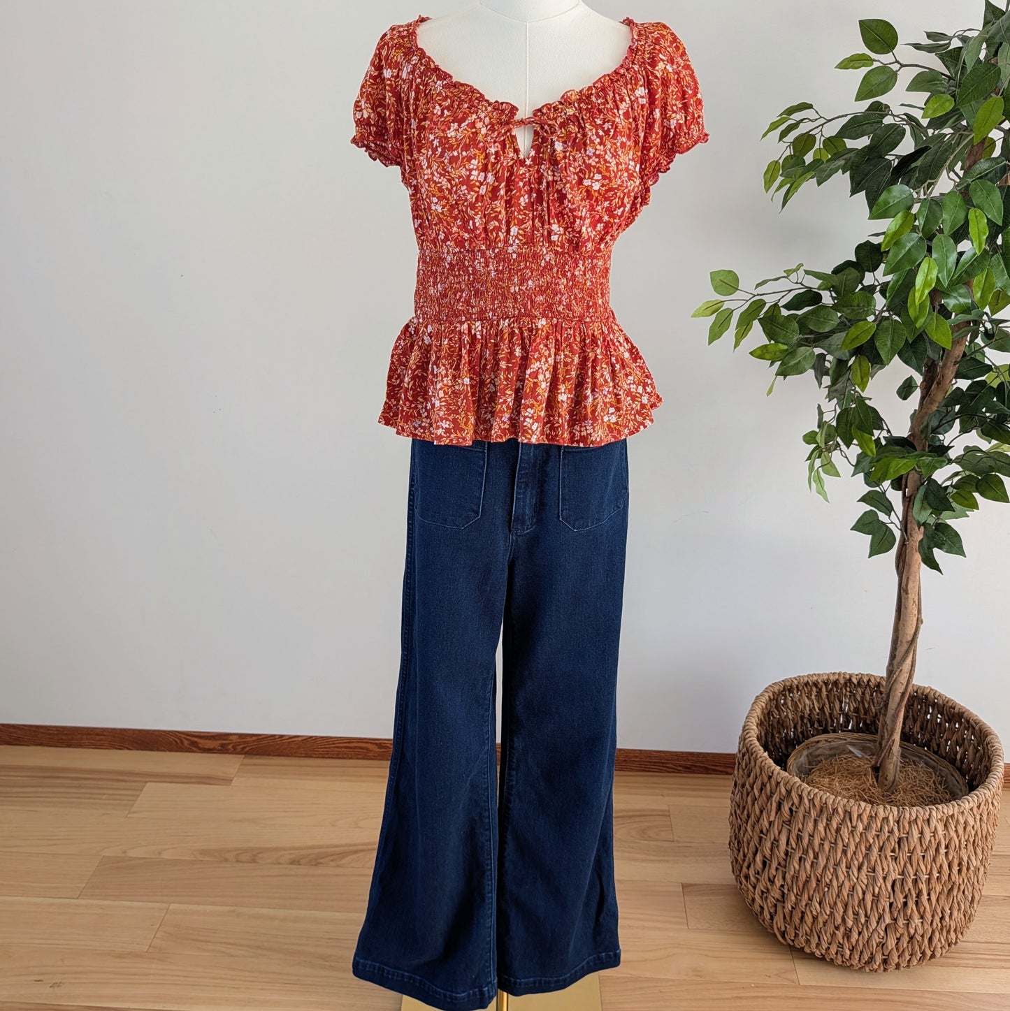 Floral Puff Sleeve Top Cotton Blend Shirt- S