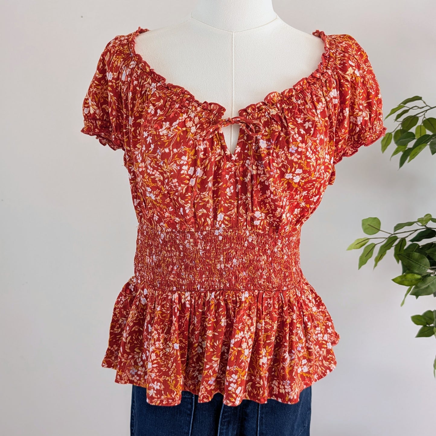 Floral Puff Sleeve Top Cotton Blend Shirt- S
