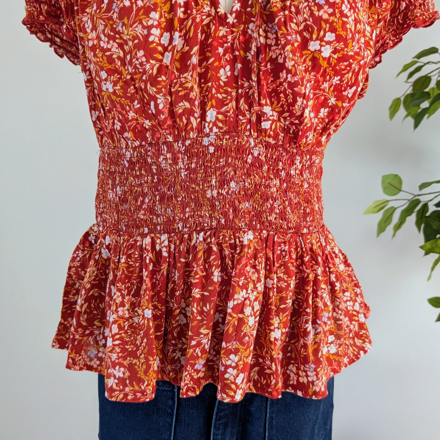 Floral Puff Sleeve Top Cotton Blend Shirt- S