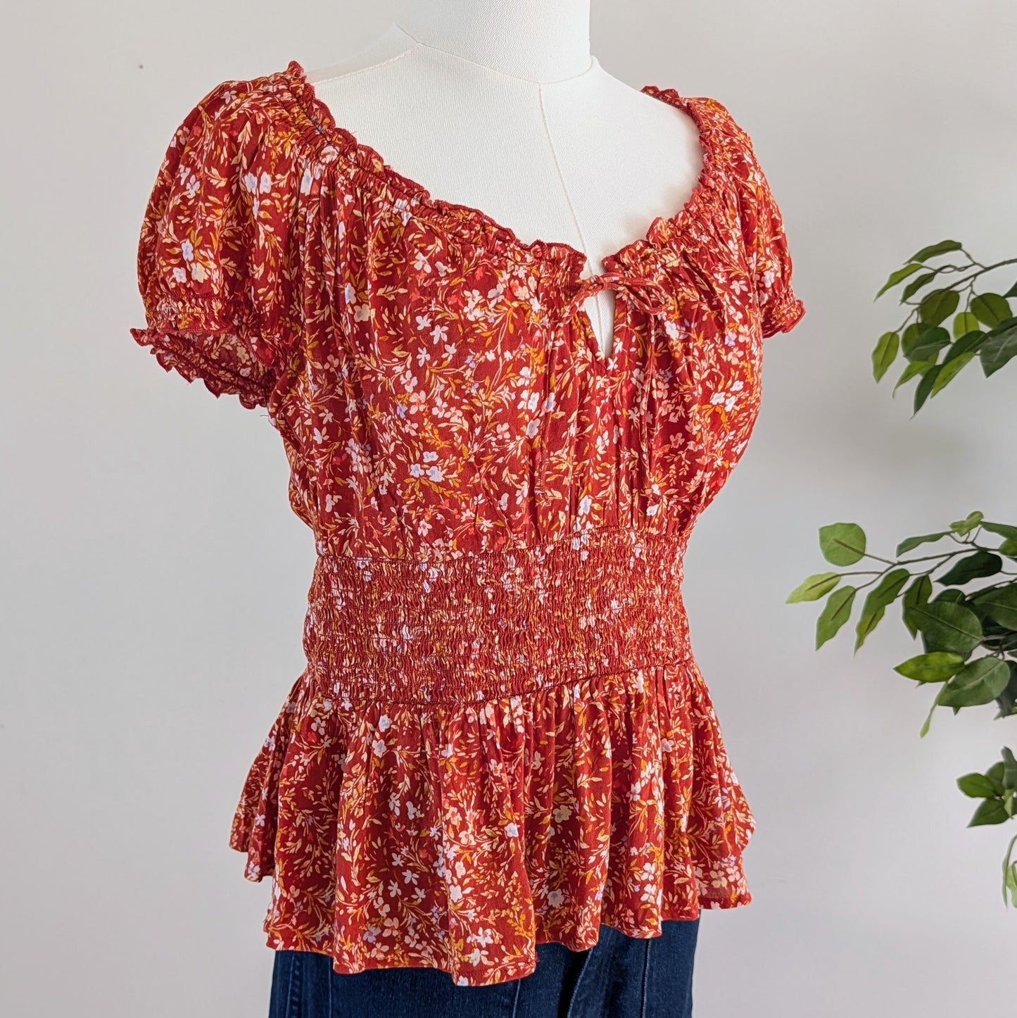 Floral Puff Sleeve Top Cotton Blend Shirt- S