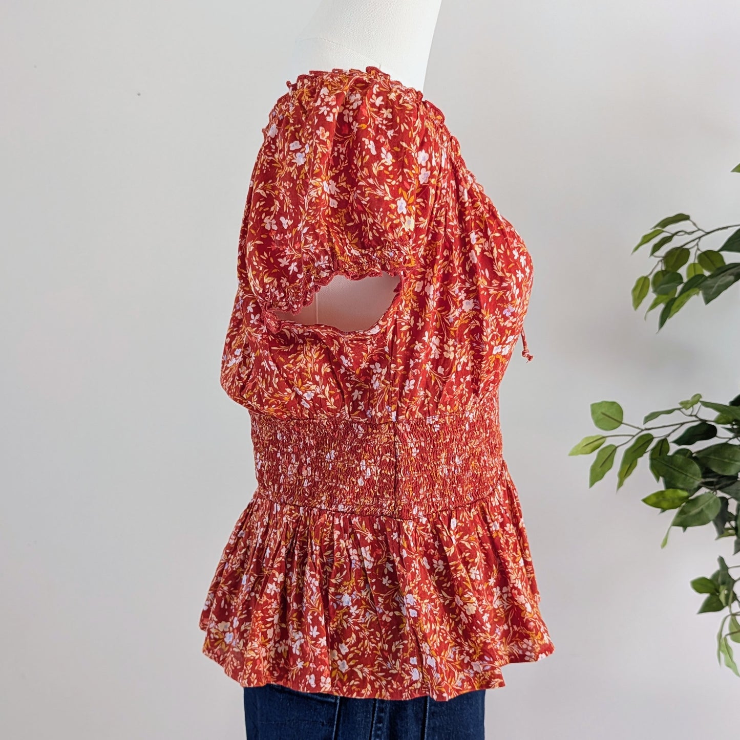 Floral Puff Sleeve Top Cotton Blend Shirt- S