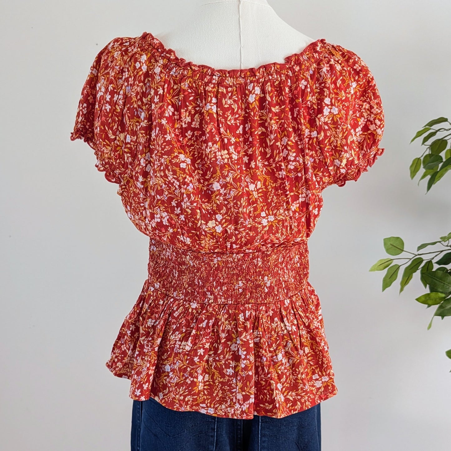 Floral Puff Sleeve Top Cotton Blend Shirt- S