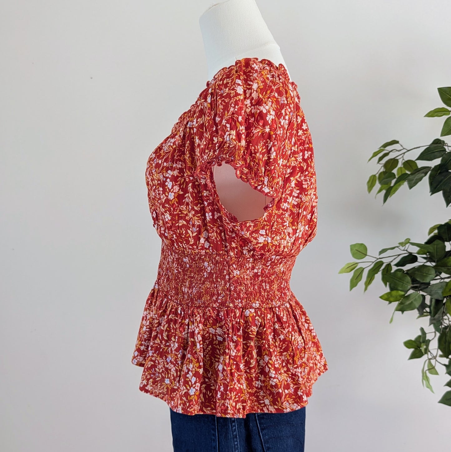 Floral Puff Sleeve Top Cotton Blend Shirt- S