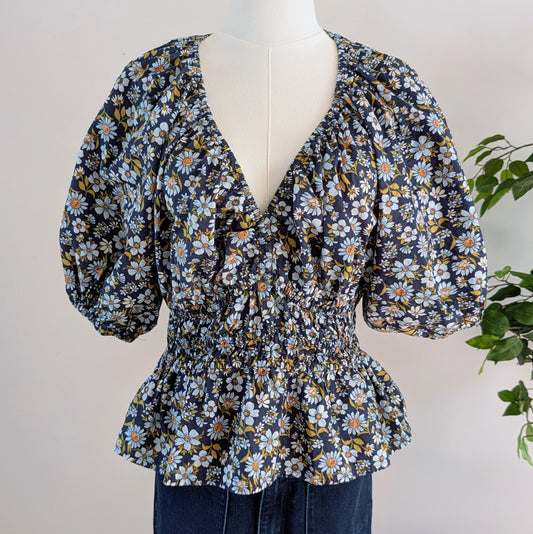 Cotton Floral Puff Sleeve Top Shirt - M