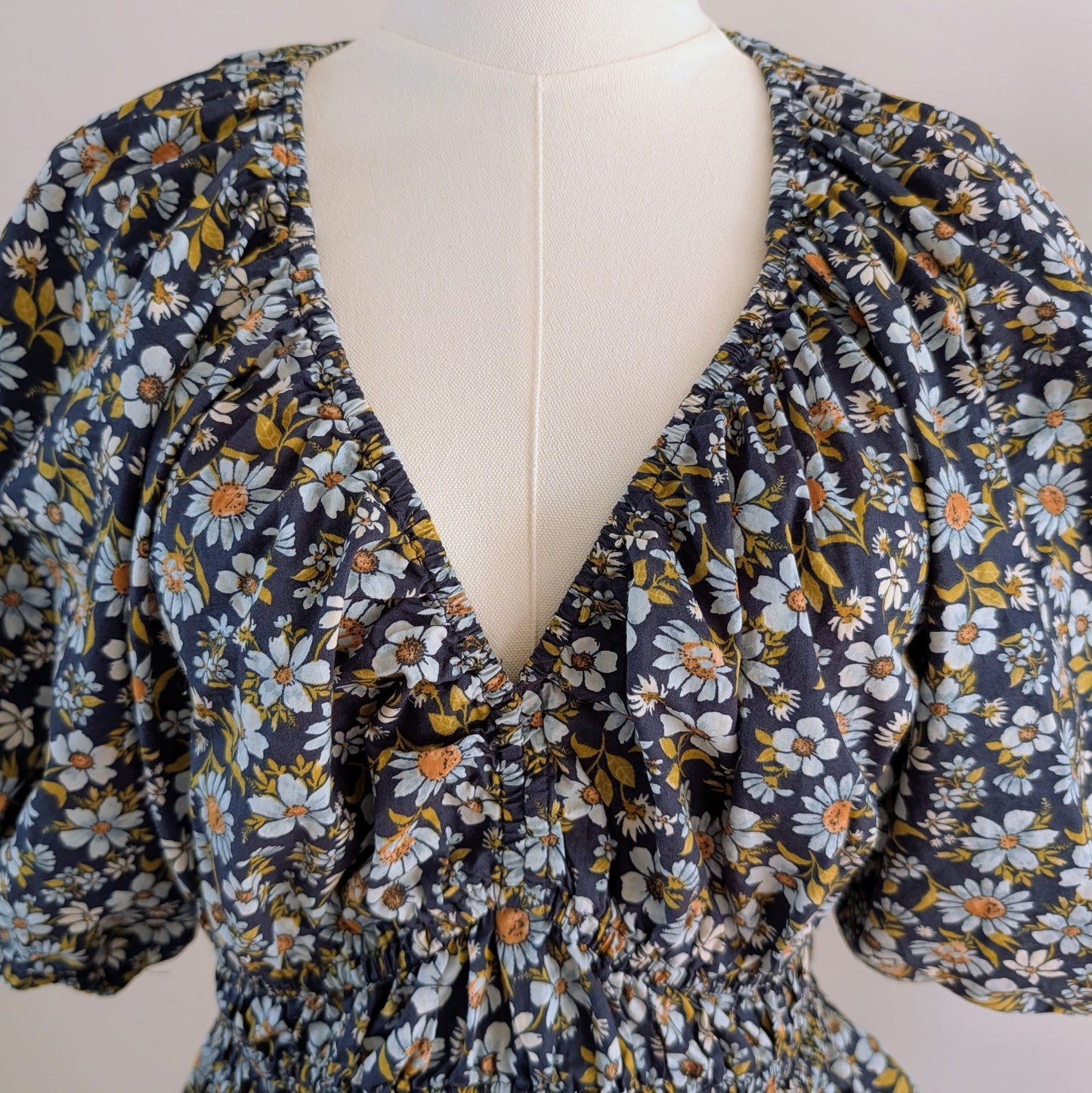 Cotton Floral Puff Sleeve Top Shirt - M