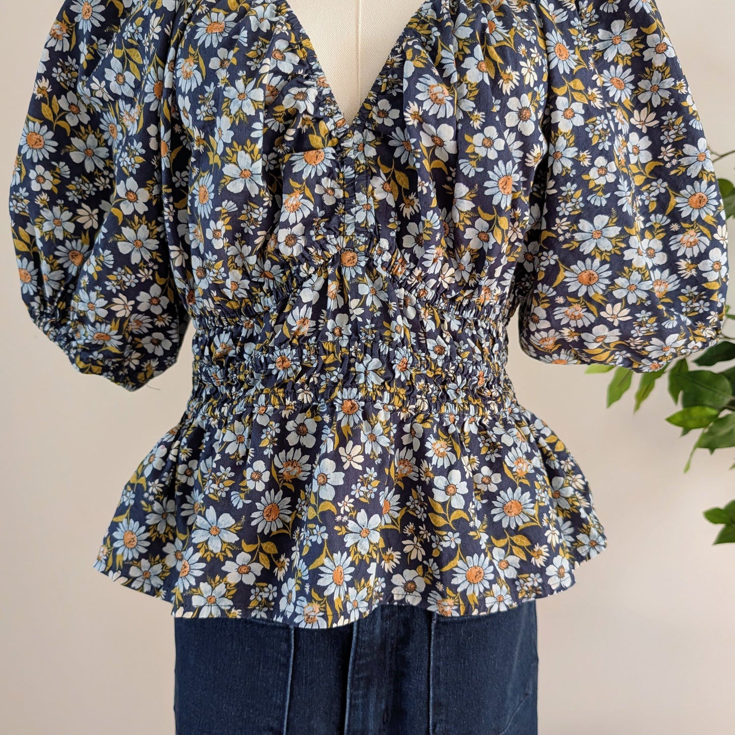 Cotton Floral Puff Sleeve Top Shirt - M