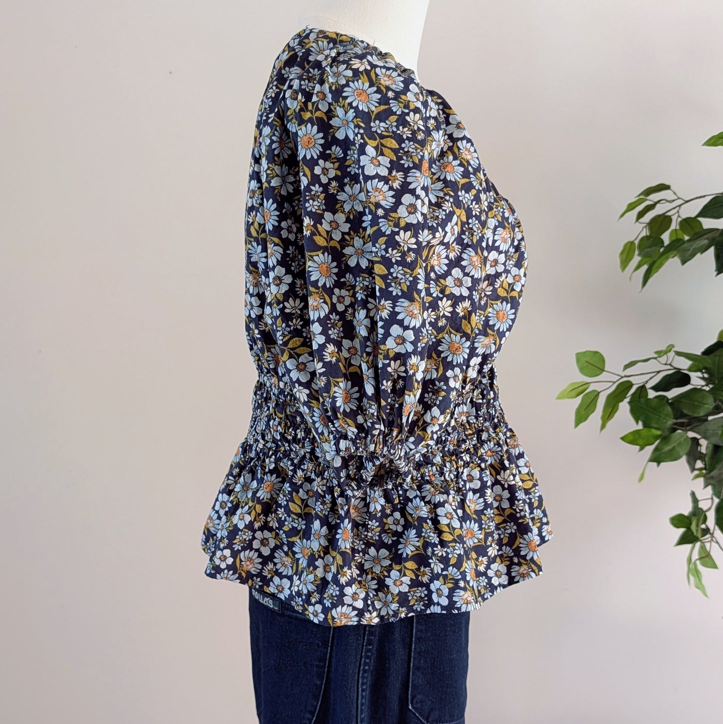 Cotton Floral Puff Sleeve Top Shirt - M