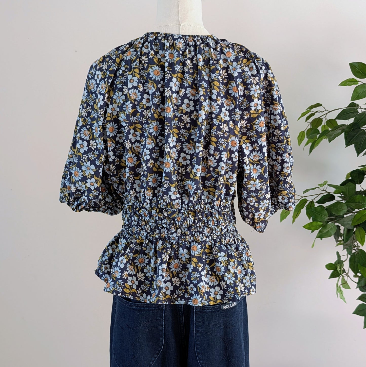 Cotton Floral Puff Sleeve Top Shirt - M
