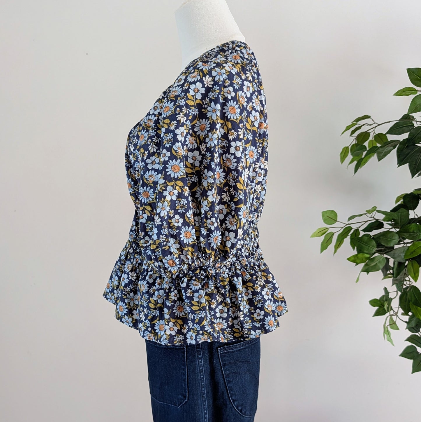 Cotton Floral Puff Sleeve Top Shirt - M