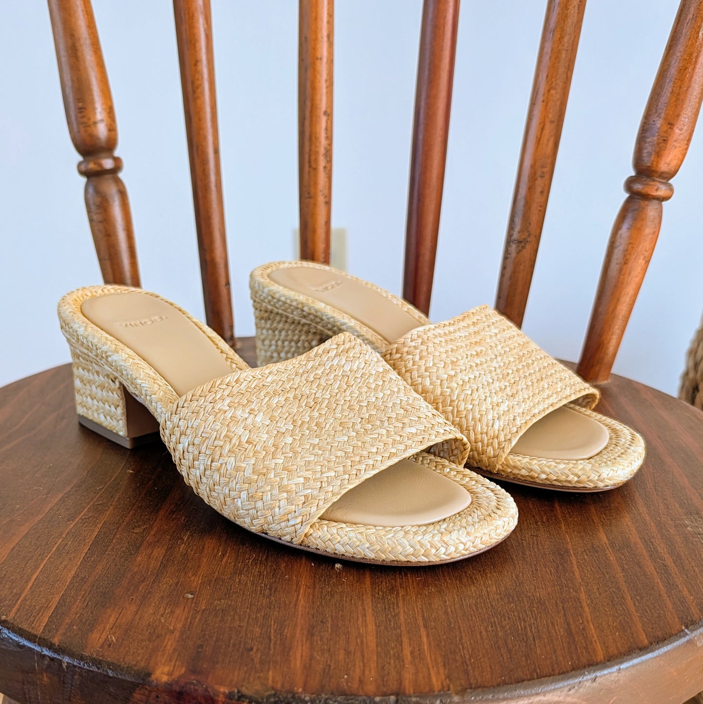 Vince Natural Woven Raffia Block Heel Mules - 5.5