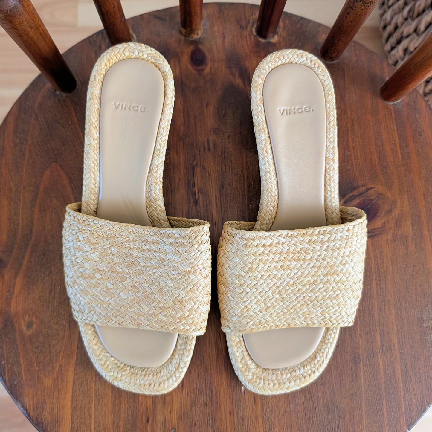 Vince Natural Woven Raffia Block Heel Mules - 5.5
