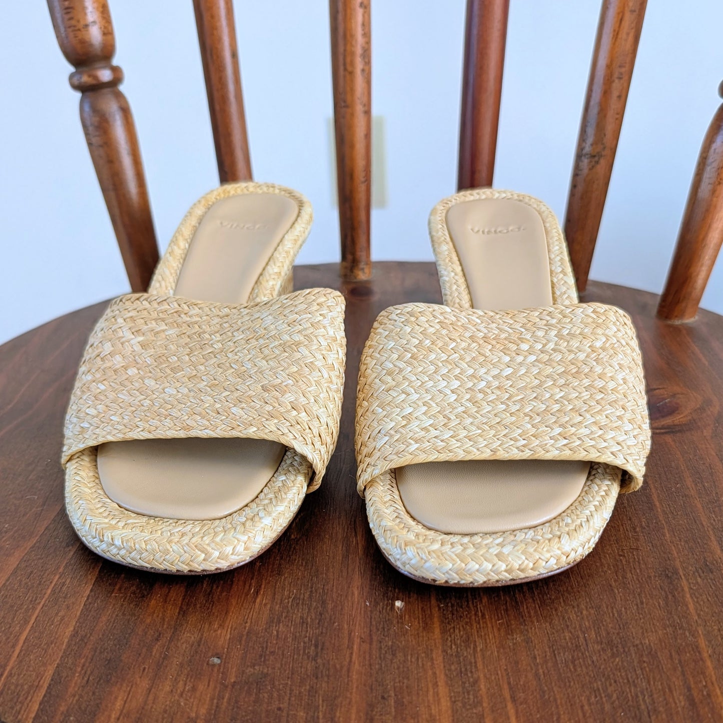 Vince Natural Woven Raffia Block Heel Mules - 5.5