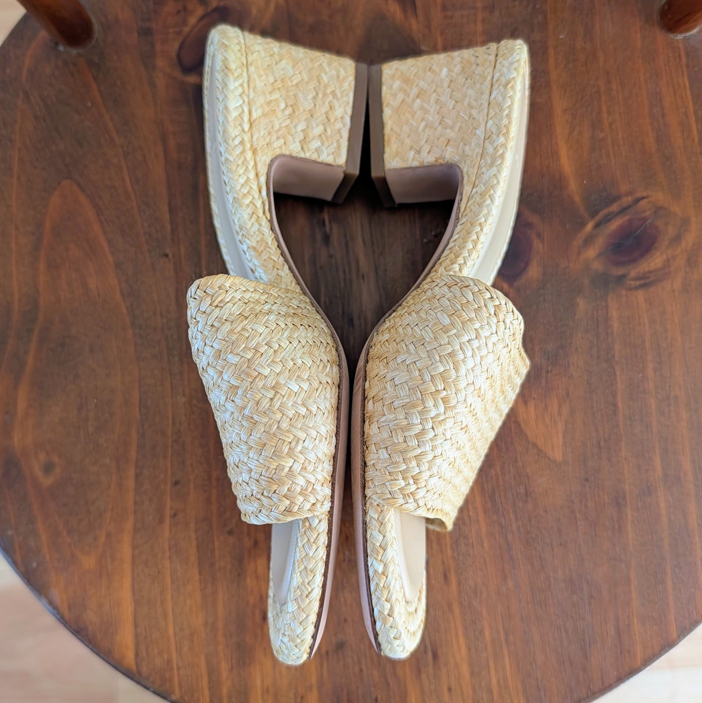 Vince Natural Woven Raffia Block Heel Mules - 5.5