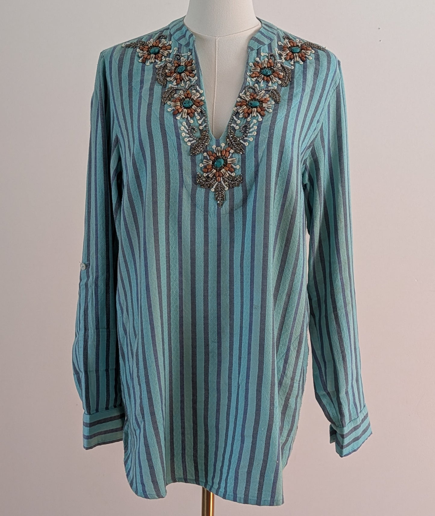 Soft Surroundings Green Striped Beaded Tunic Top – M