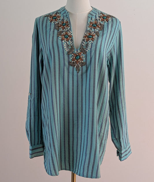 Soft Surroundings Green Striped Beaded Tunic Top – M
