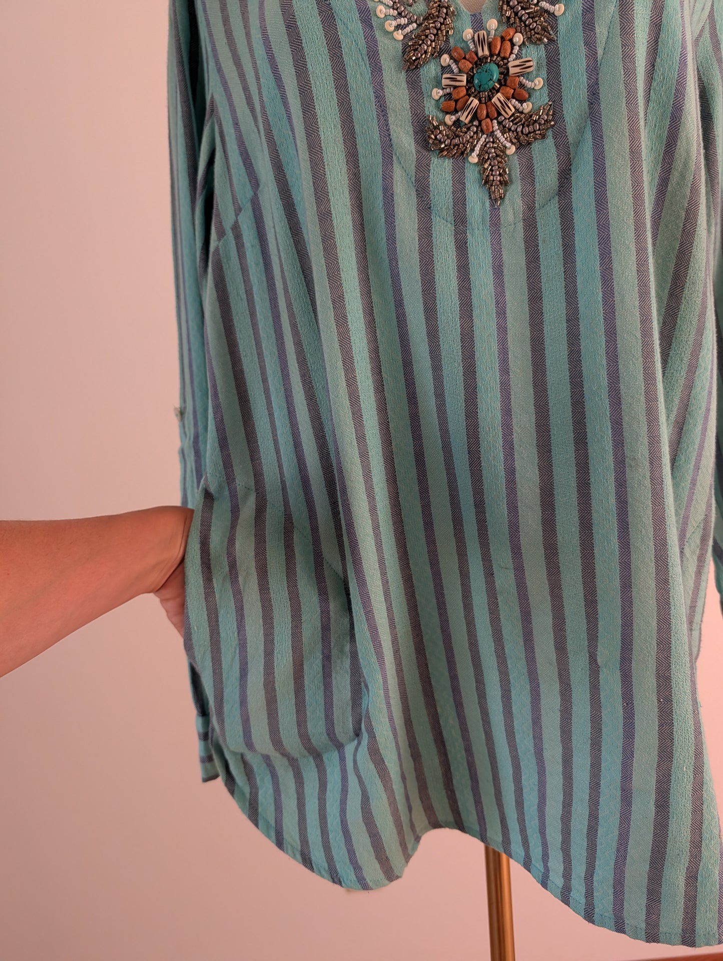 Soft Surroundings Green Striped Beaded Tunic Top – M