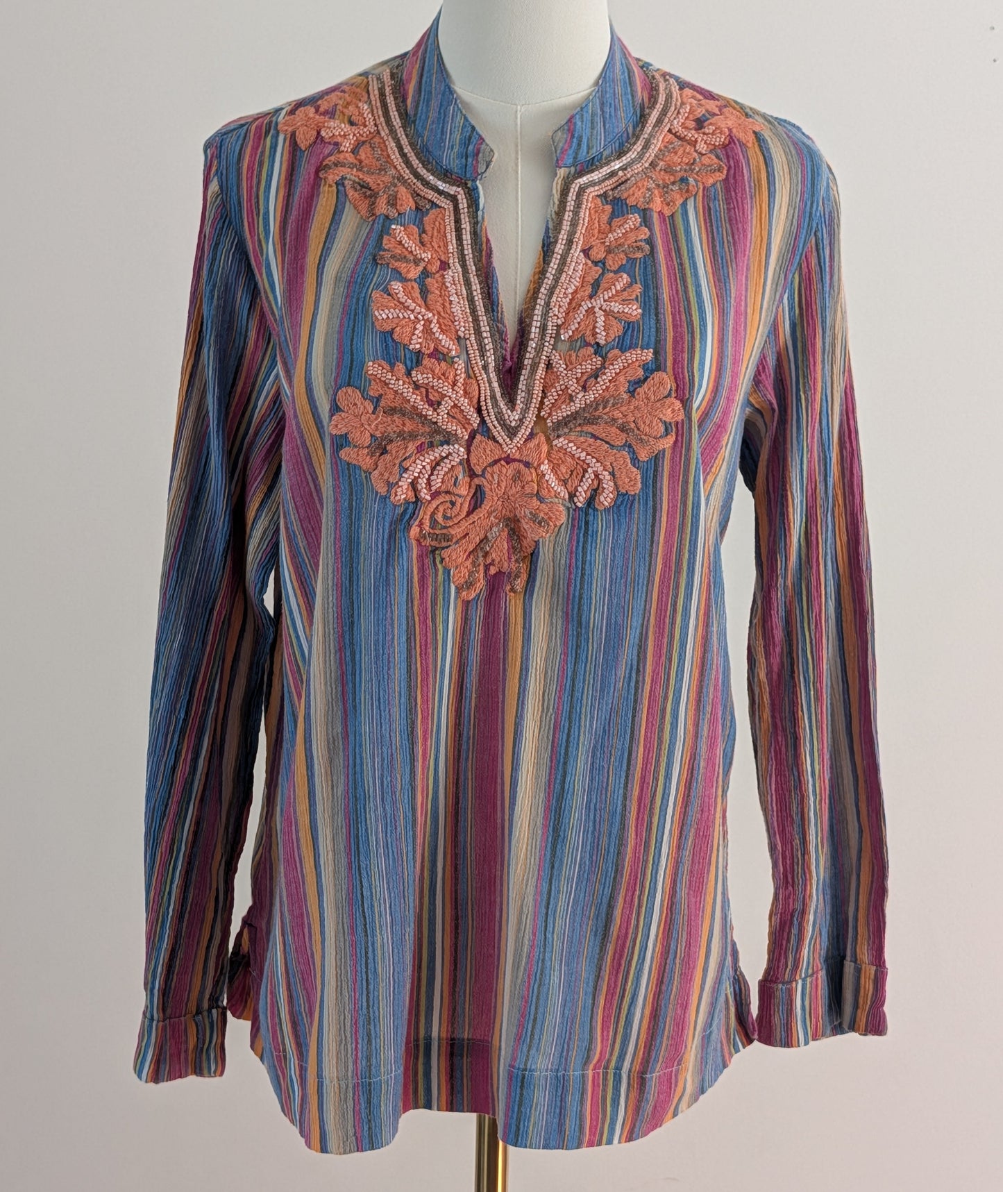 Soft Surroundings Striped Embroidered Cotton Tunic Top – M