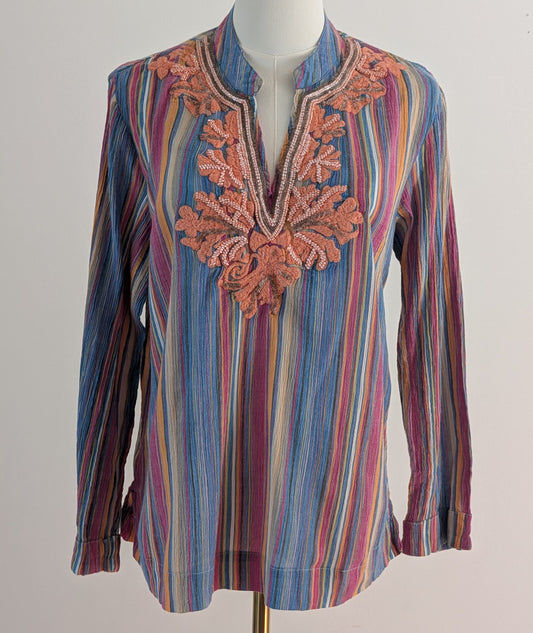 Soft Surroundings Striped Embroidered Cotton Tunic Top – M