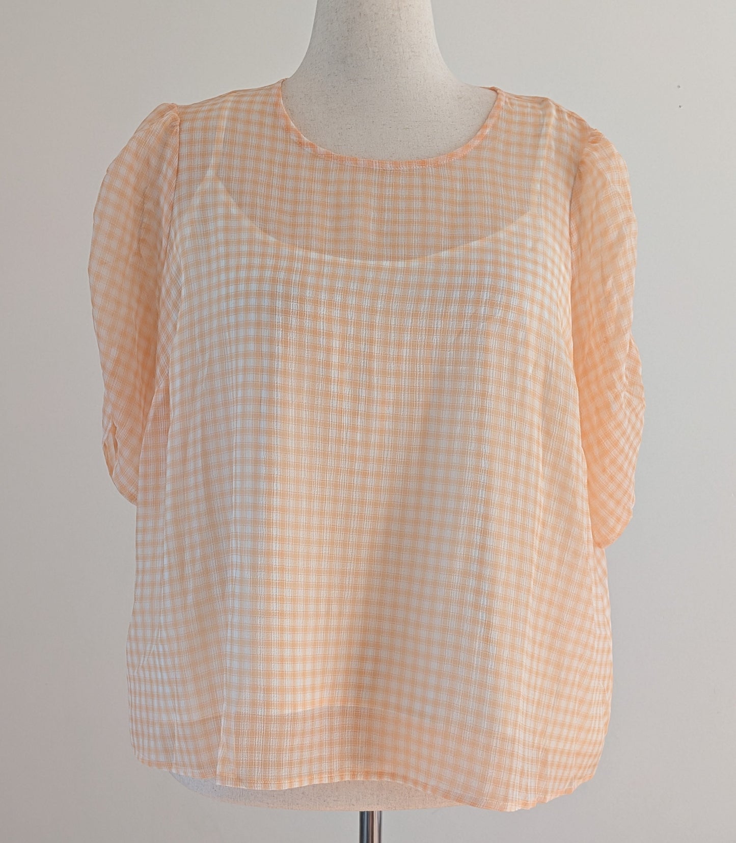 ModCloth Peach Gingham Ruched Sleeve Top – 1X