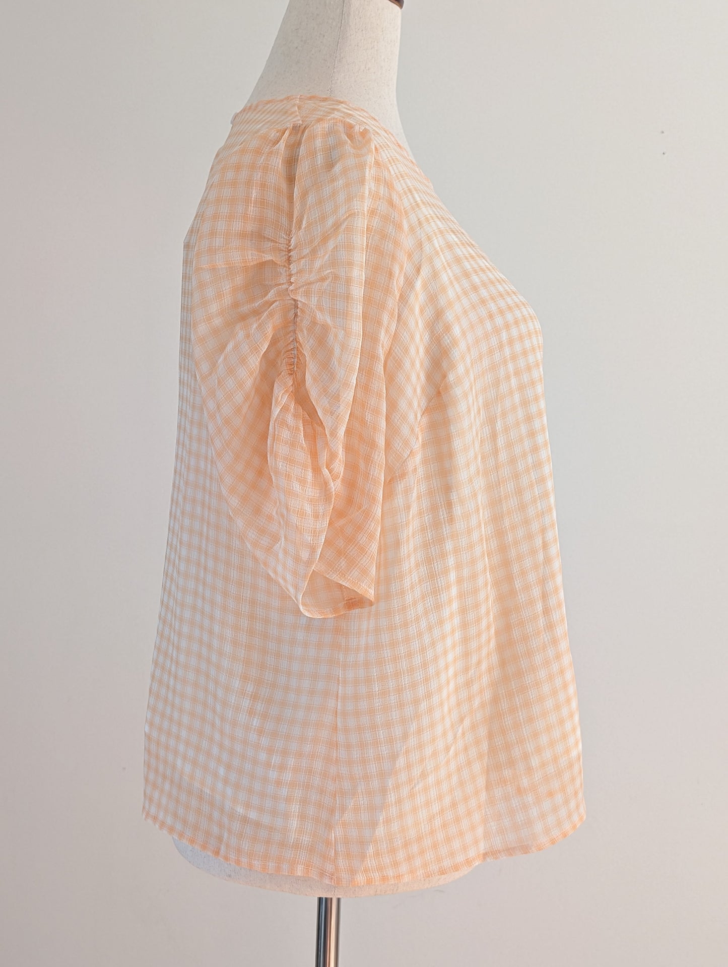 ModCloth Peach Gingham Ruched Sleeve Top – 1X