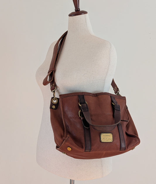 Fossil Long Live Vintage Brown Leather Convertible Satchel Bag