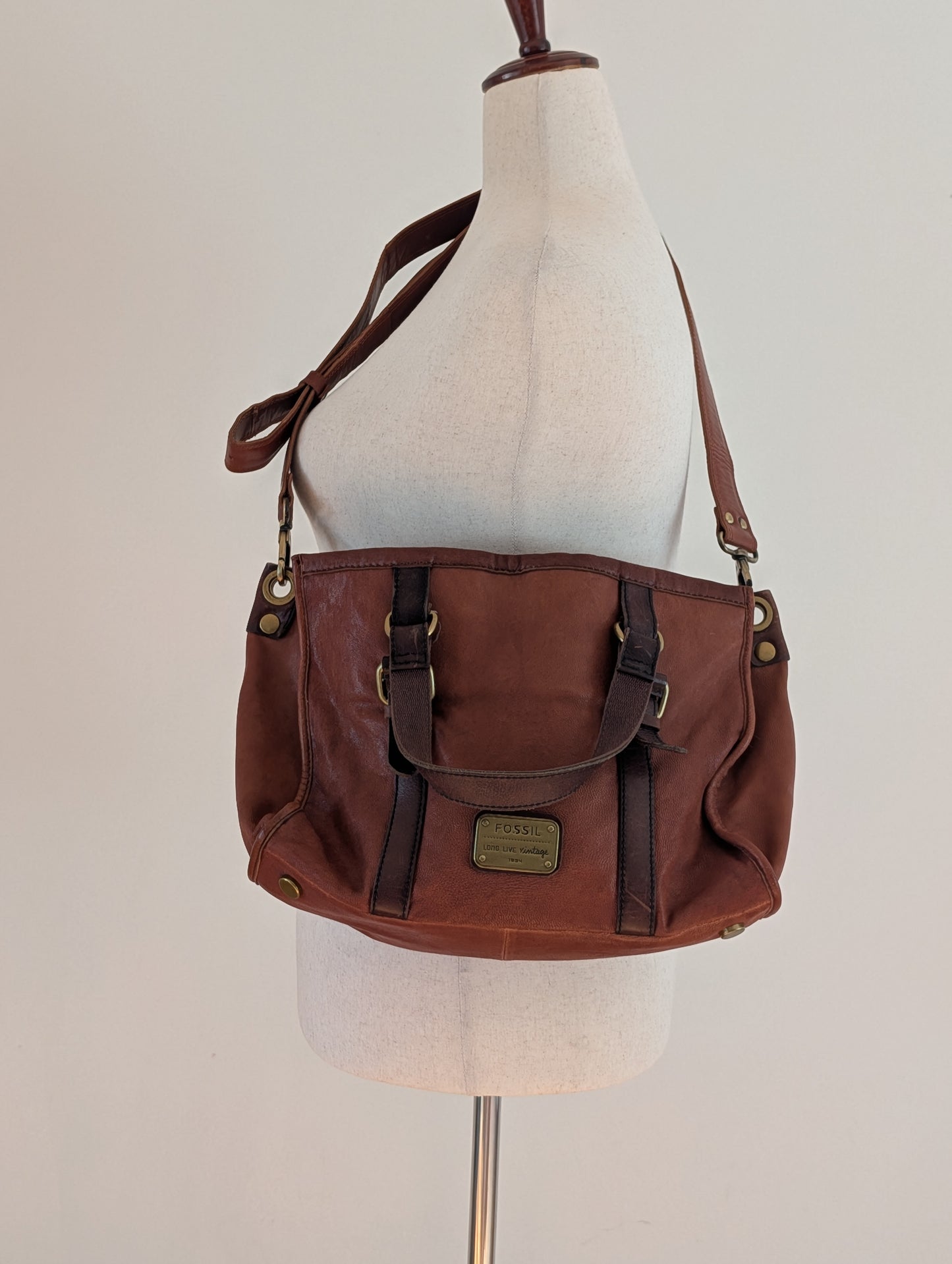 Fossil Long Live Vintage Brown Leather Convertible Satchel Bag