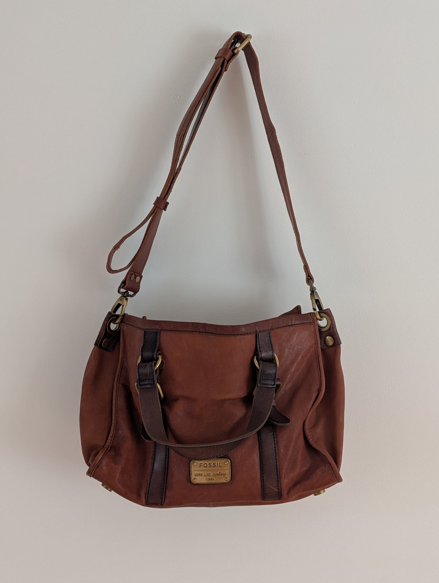 Fossil Long Live Vintage Brown Leather Convertible Satchel Bag