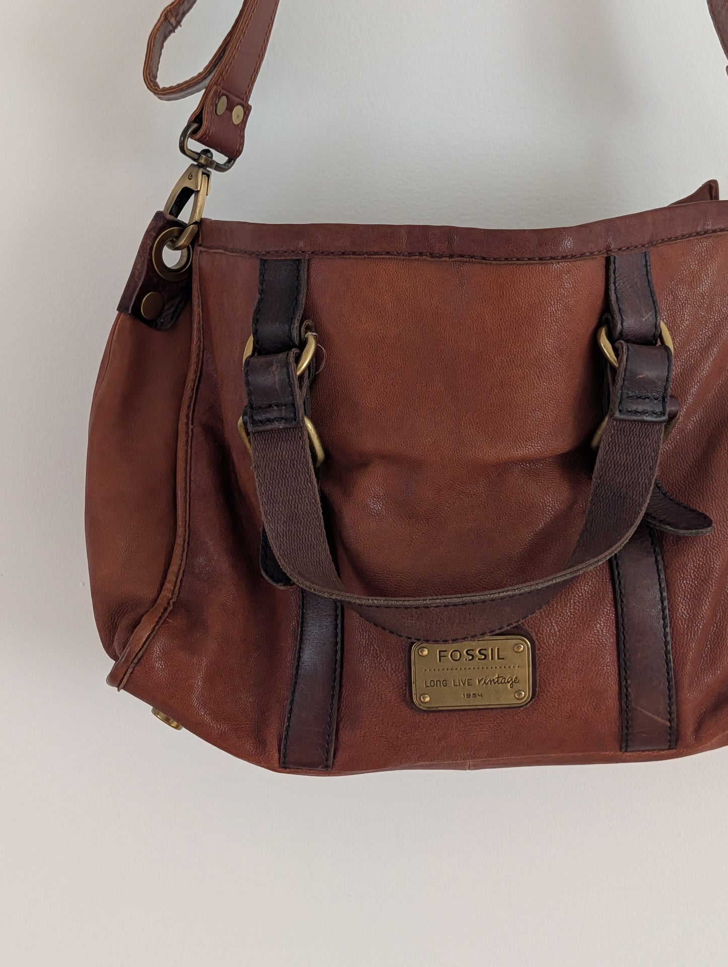 Fossil Long Live Vintage Brown Leather Convertible Satchel Bag