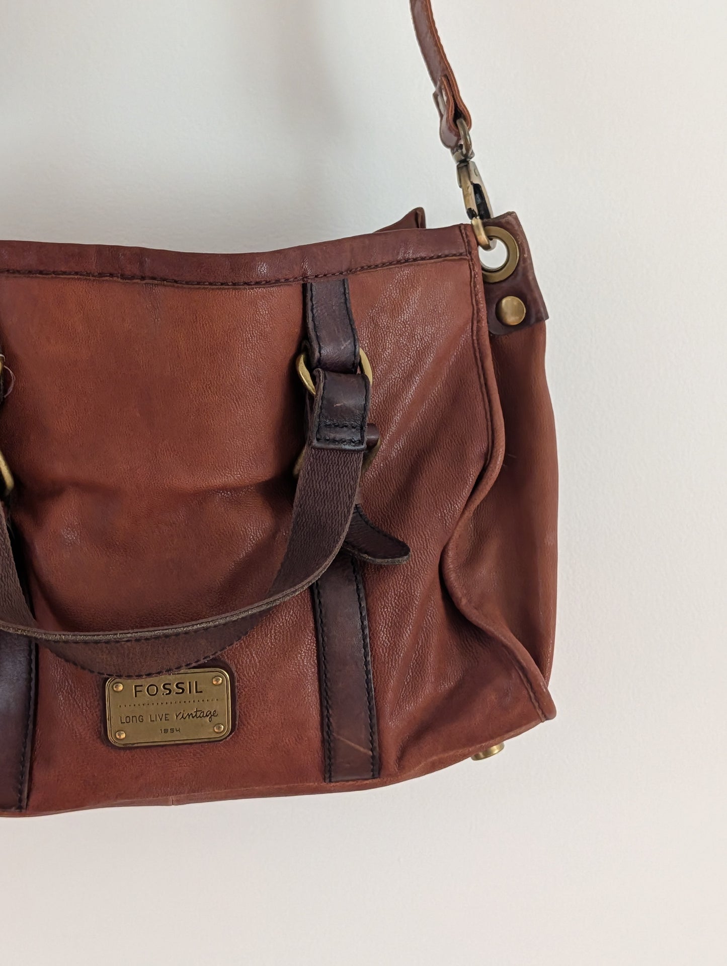 Fossil Long Live Vintage Brown Leather Convertible Satchel Bag