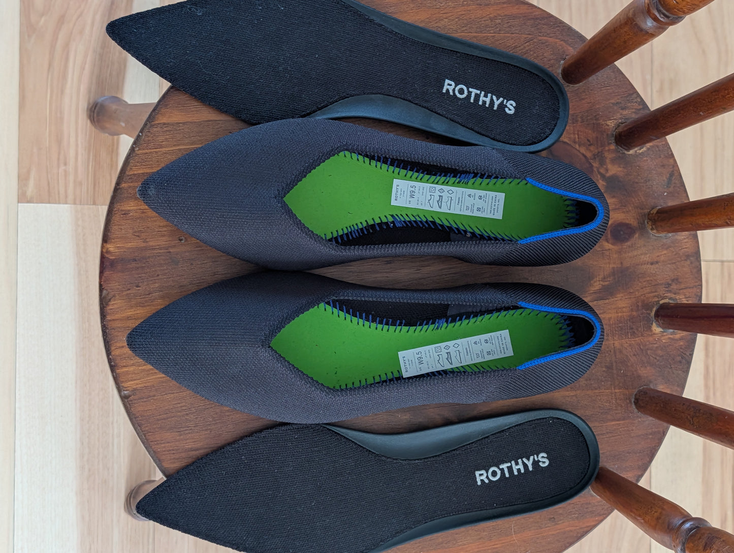Rothy’s The Point Black Flats Blue Trim – 9.5