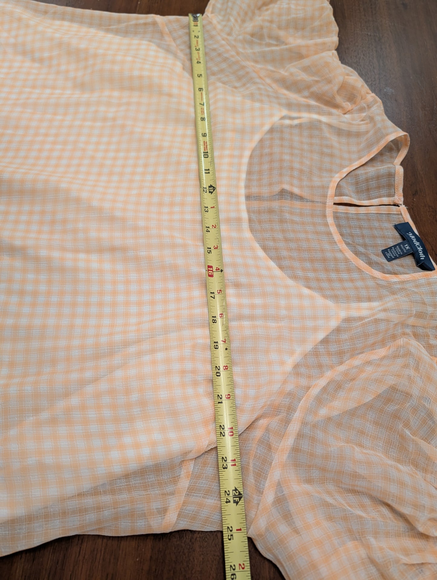 ModCloth Peach Gingham Ruched Sleeve Top – 1X