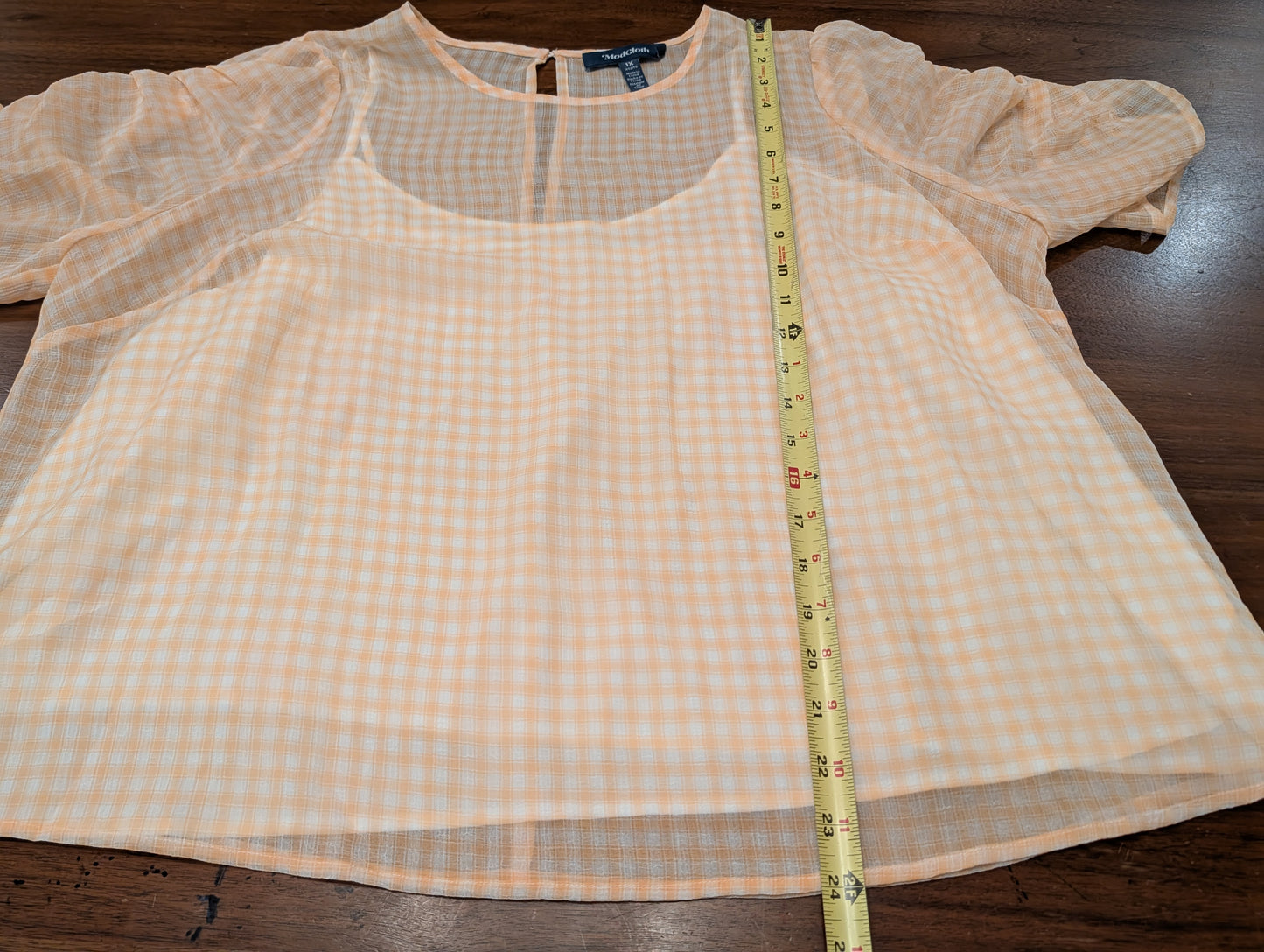 ModCloth Peach Gingham Ruched Sleeve Top – 1X