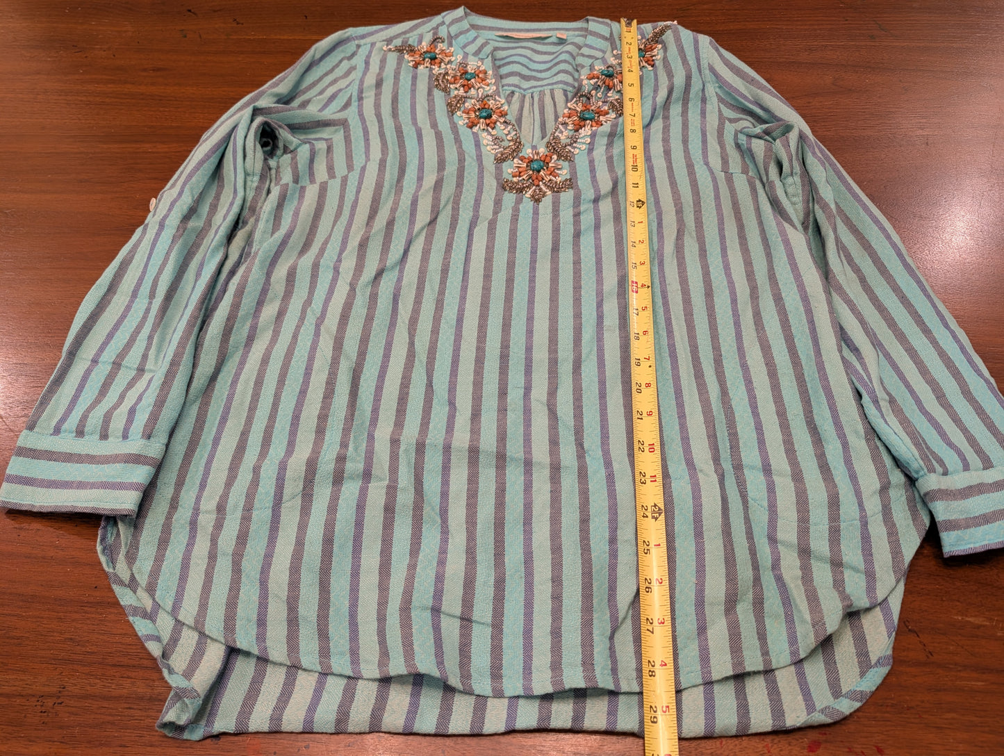 Soft Surroundings Green Striped Beaded Tunic Top – M