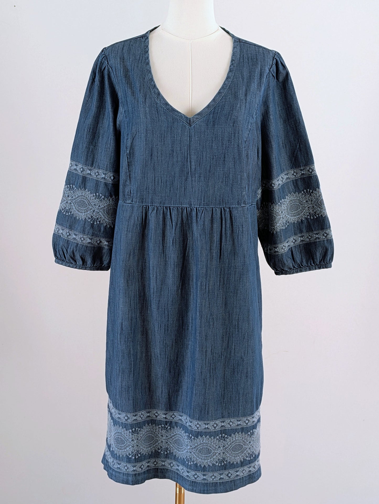 J.Jill Cotton Chambray Long Sleeve Lace Dress - M