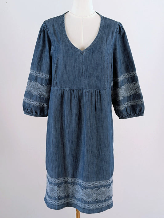 J.Jill Cotton Chambray Long Sleeve Lace Dress - M