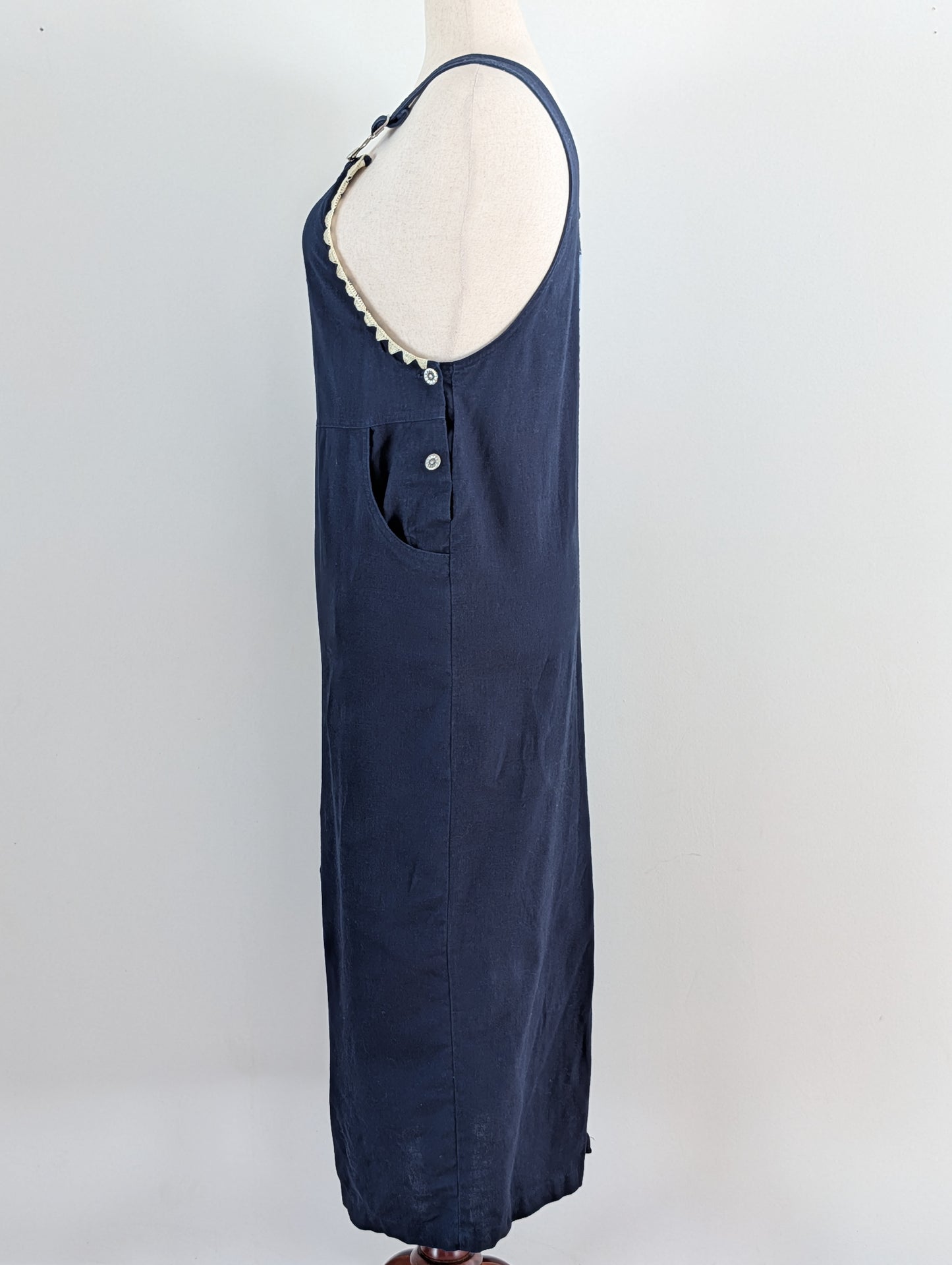 Vintage Linen Cotton Daisy Overall Maxi Dress - 12