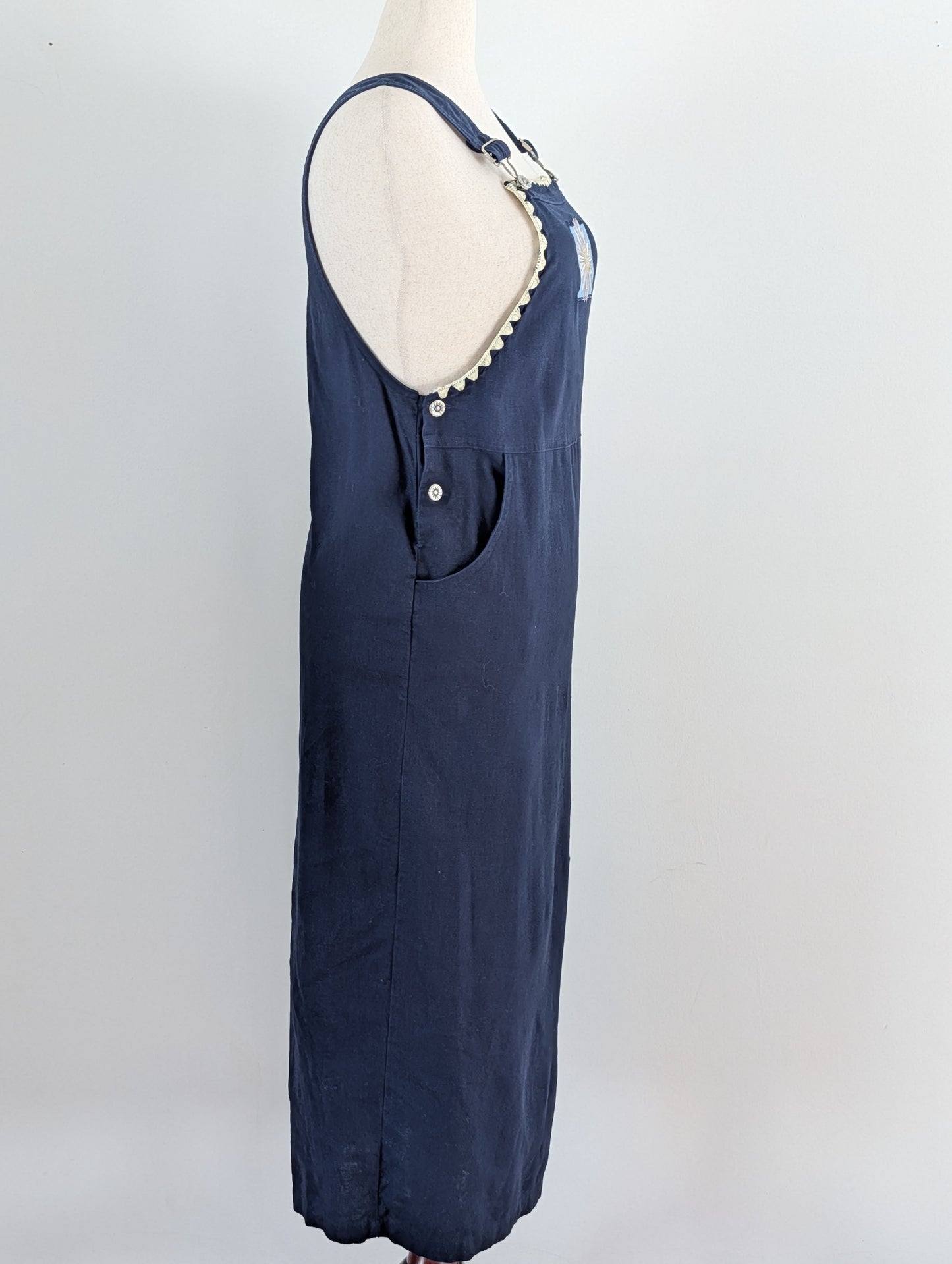 Vintage Linen Cotton Daisy Overall Maxi Dress - 12