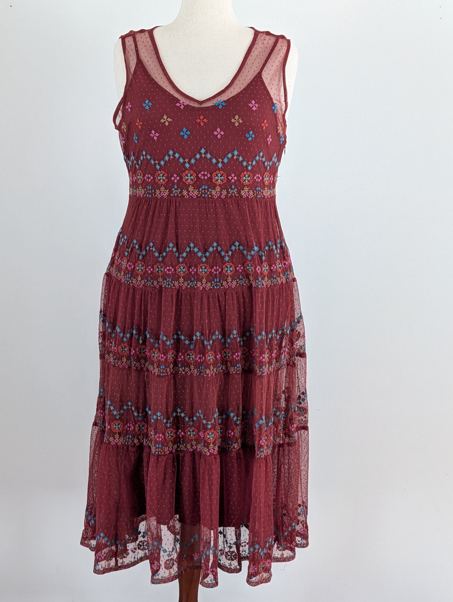 Sundance Embroidered Boho Tiered Dress - L