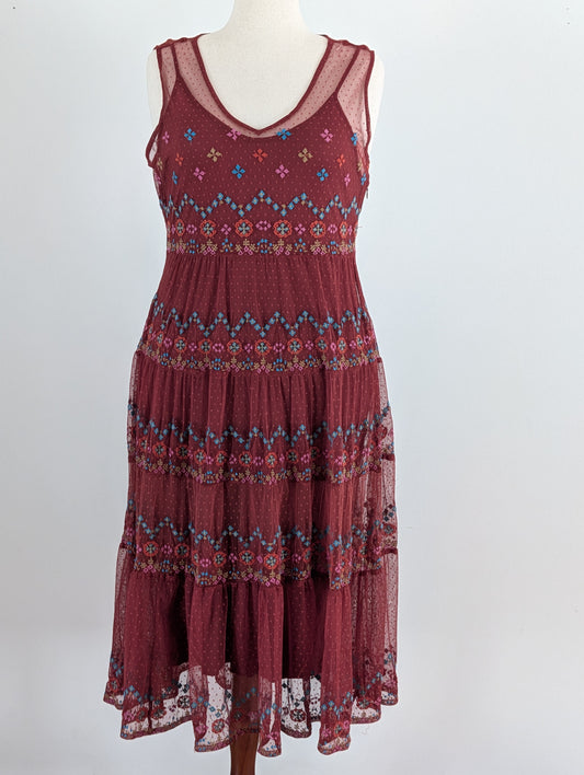 Sundance Embroidered Boho Tiered Dress - L