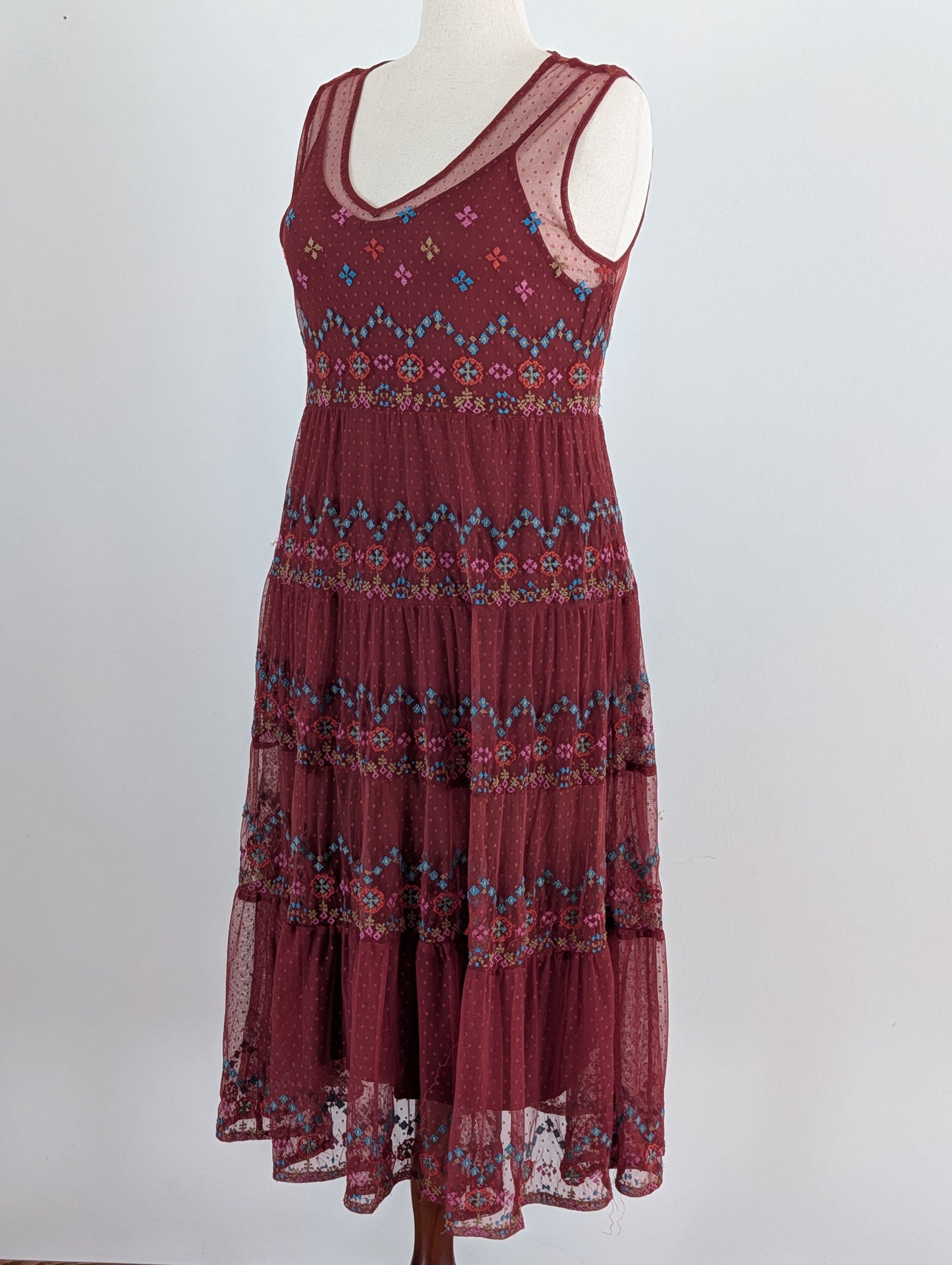 Sundance Embroidered Boho Tiered Dress - L
