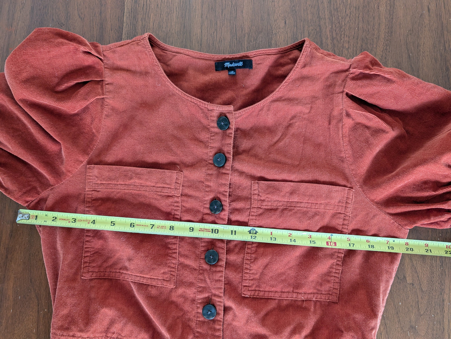 Madewell Corduroy Puff-Sleeve Button-Front Jumpsuit - 10