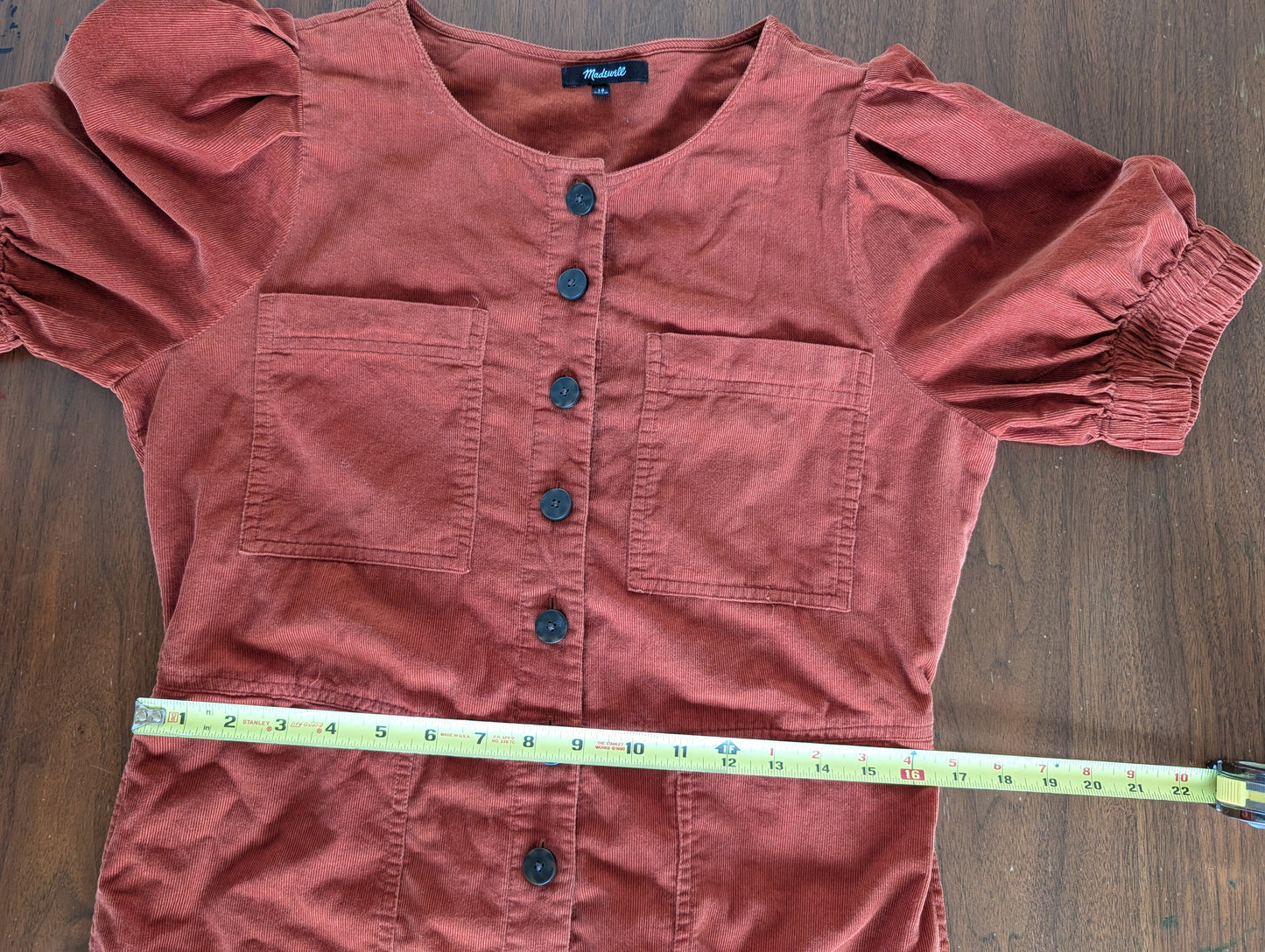 Madewell Corduroy Puff-Sleeve Button-Front Jumpsuit - 10